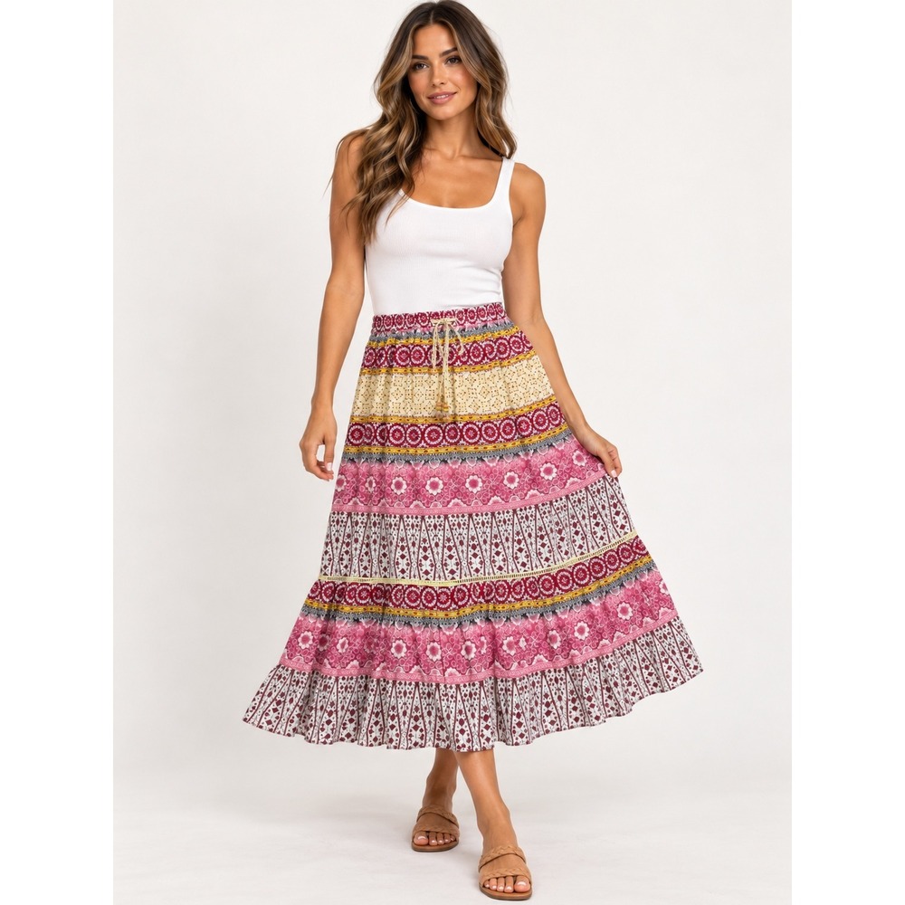 Cynthia Rowley Maxi Skirt Womens L Pink Boho Tiered Floral Rayon Drawstring
